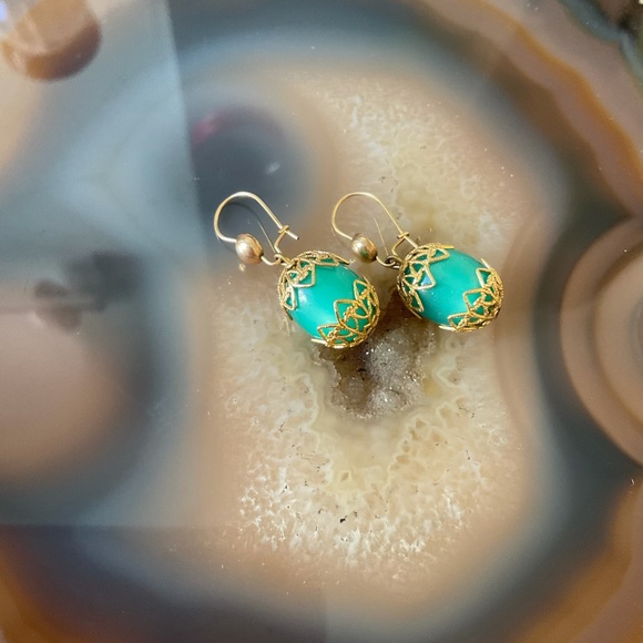 Turquoise dangle earrings gold filigree hippie jewelry - Picture 2 of 7